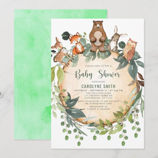 Baby shower Invitation Cute Bois Animaux Rusti (Devant / Derrière)