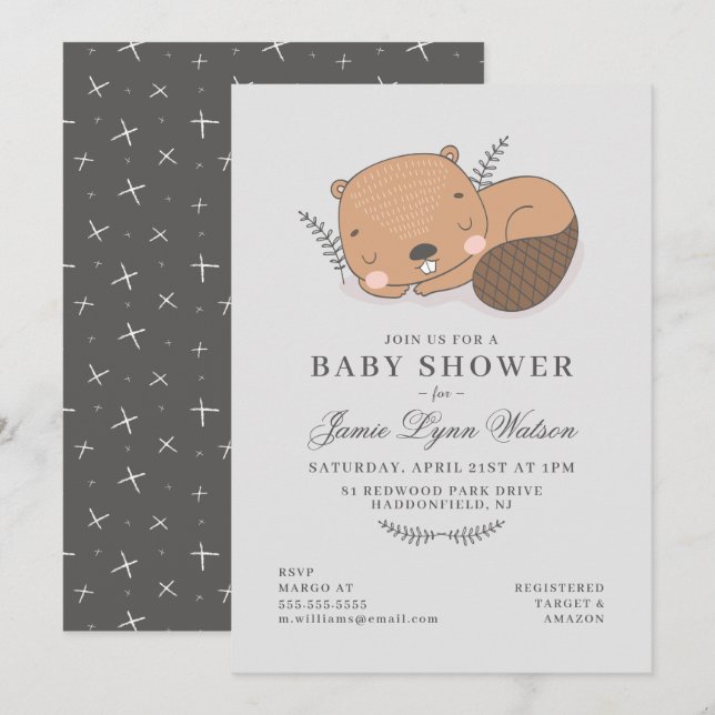 Baby shower | Invitation de castor dormant (Devant / Derrière)