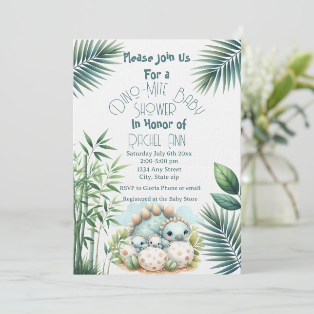 Baby Shower Invitation Dinosaur Dino Mite Party Einladung (Stehend Vorderseite)