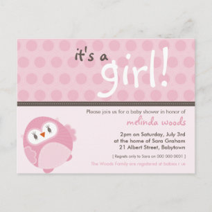 BABY SHOWER INVITATION :: Es ist ein Mädchen Eule  Einladungspostkarte