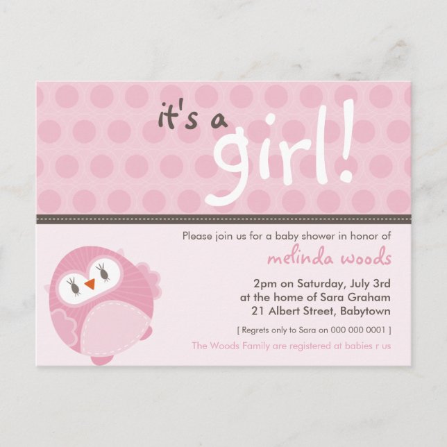 BABY SHOWER INVITATION :: Es ist ein Mädchen Eule  Einladungspostkarte (Vorderseite)