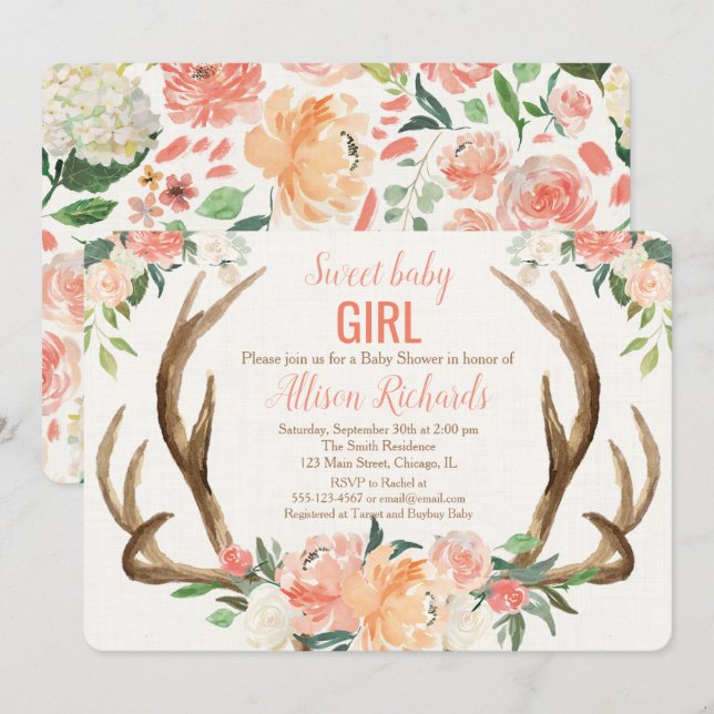 Baby shower invitation fille Antler boho rustique (Devant / Derrière)