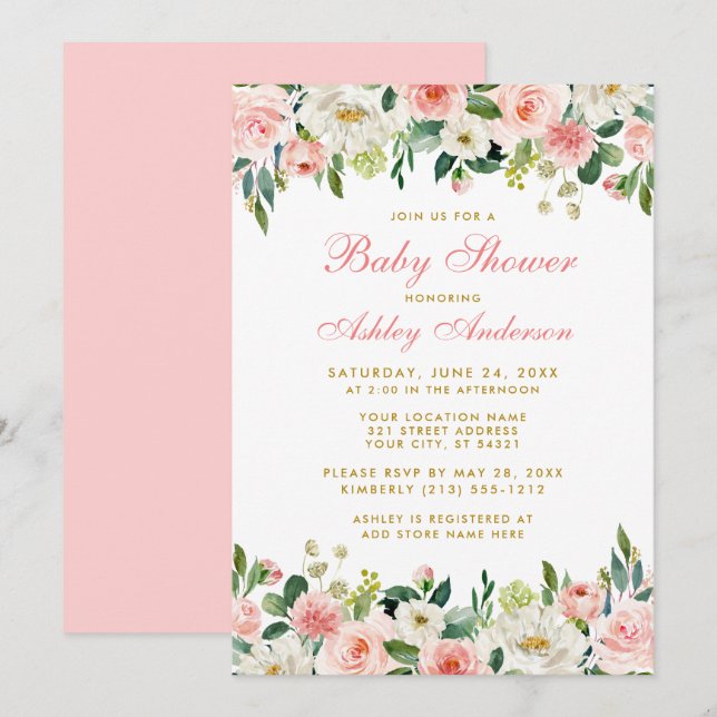 Baby Shower Invitation Fleurie Rose Pâle et Or (Devant / Derrière)