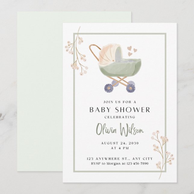 baby shower invitation fleurs vertes pram (Devant / Derrière)