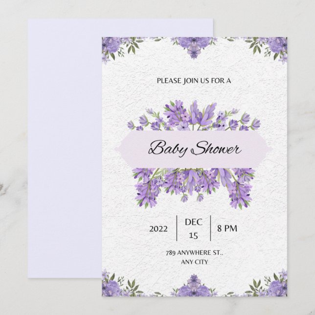 baby shower invitation fleurs violettes (Devant / Derrière)