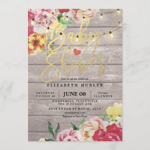 Baby shower Invitation Florale Bois et lampes à co