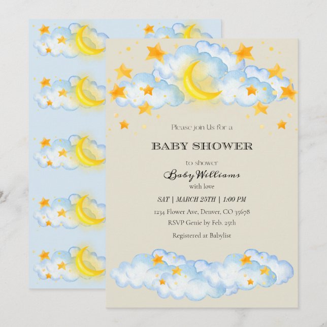 Baby shower Invitation Lune et Stars Thème (Devant / Derrière)
