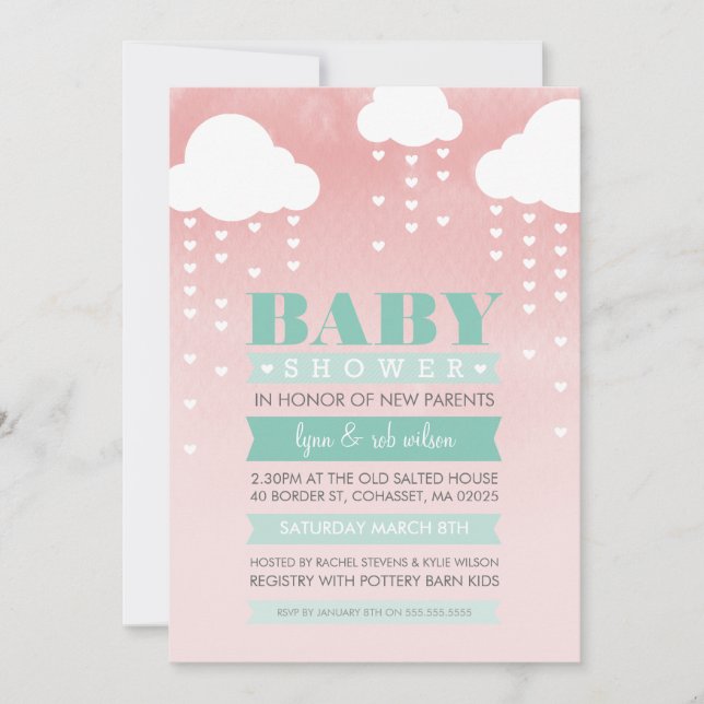 BABY SHOWER INVITATION ombre d'aquarelle menthe co (Devant)