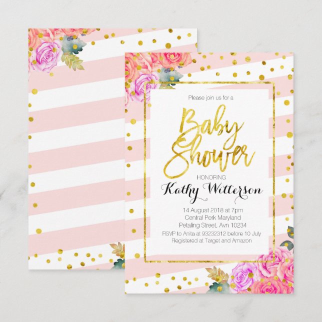 Baby shower Invitation Pink Peach Gold (Devant / Derrière)