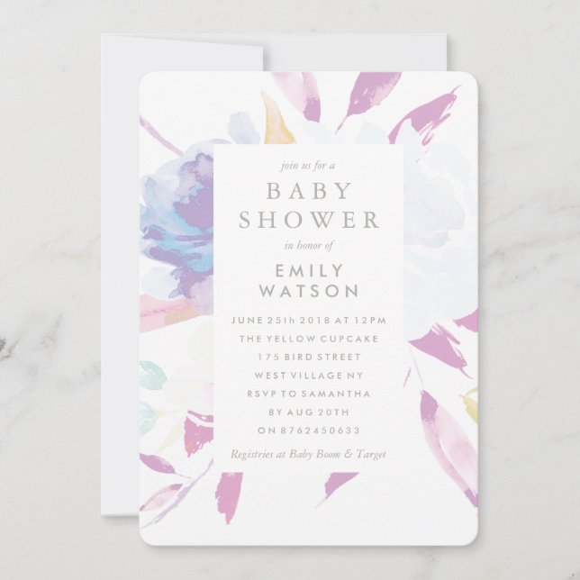 Baby shower Invitation Purple Floral Aquarelle (Devant)