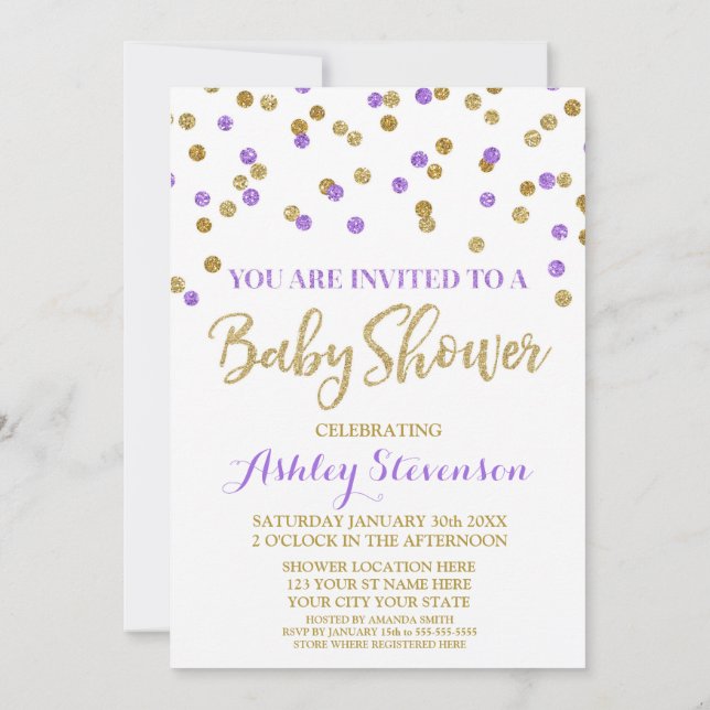 Baby shower Invitation Purple Gold Confetti (Dos)