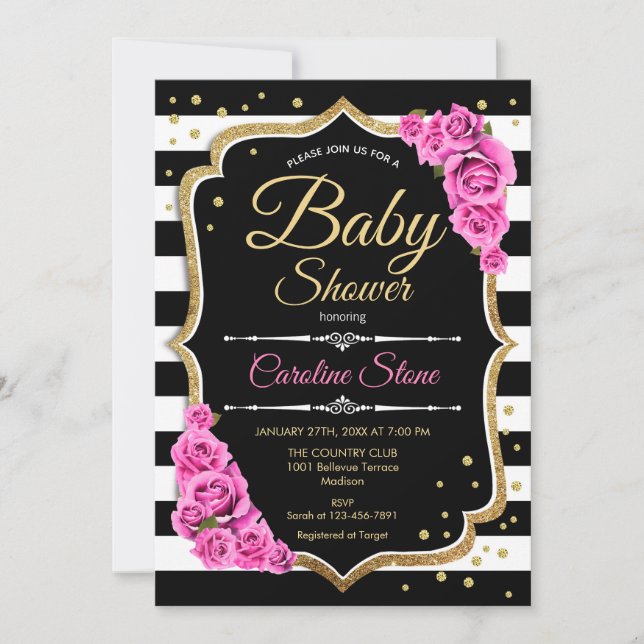 Baby shower Invitation Rose noir blanc rayures (Devant)