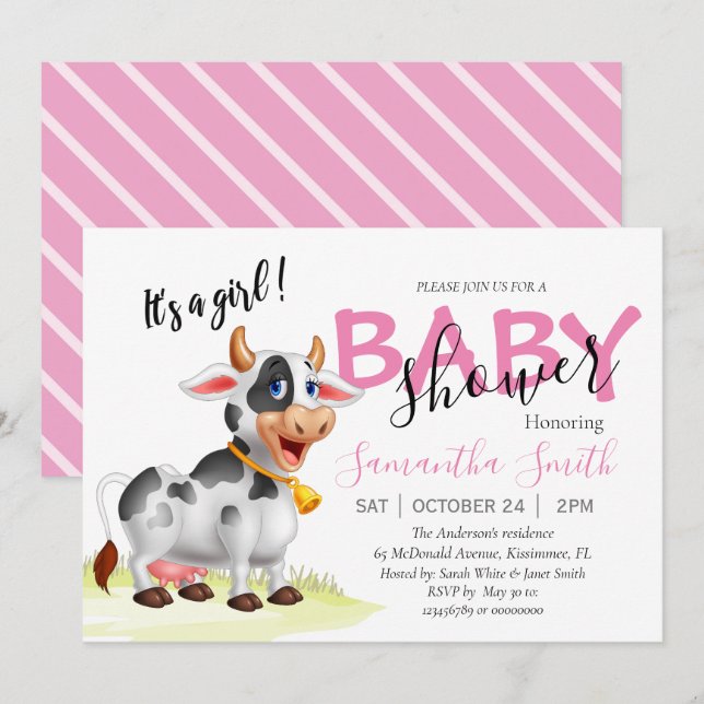 Baby shower, Invitation Rose Vache (Devant / Derrière)