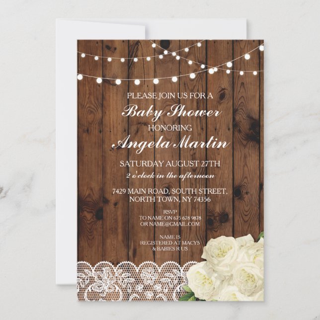 Baby shower Invitation Rustic Party Lace Wood Rose (Devant)