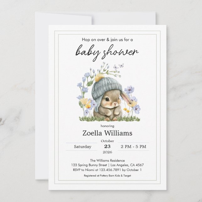 Baby Shower Invitation Simple Flowers Bunny Einladung (Vorderseite)