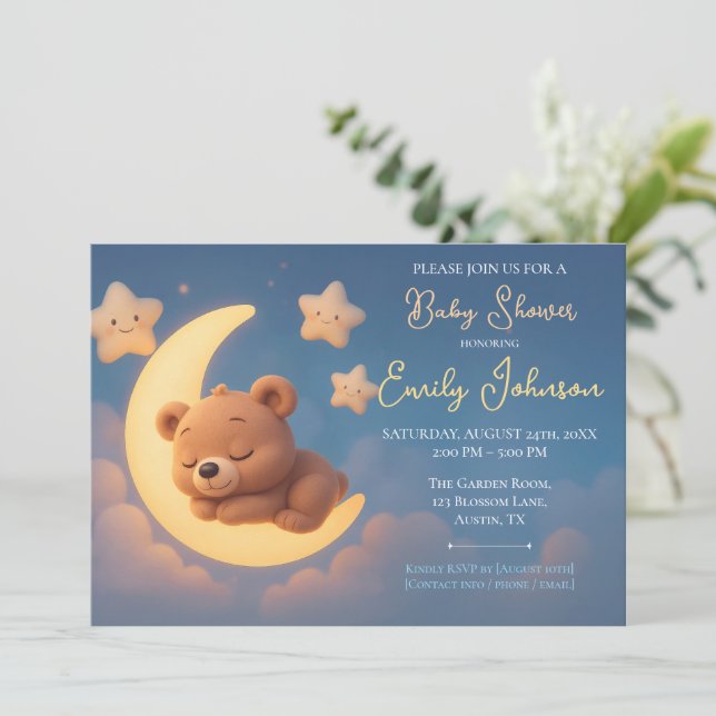 Baby Shower Invitation – Teddy Bear on the Moon (Debout devant)