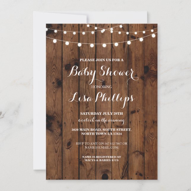 Baby shower Invitation Wood Rustic Lights Couple P (Devant)