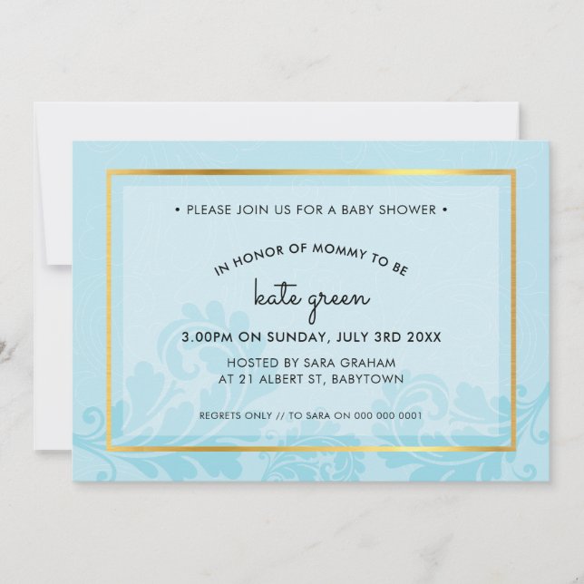 BABY SHOWER INVITATIONS mignon fleuris or bleu pâl (Devant)
