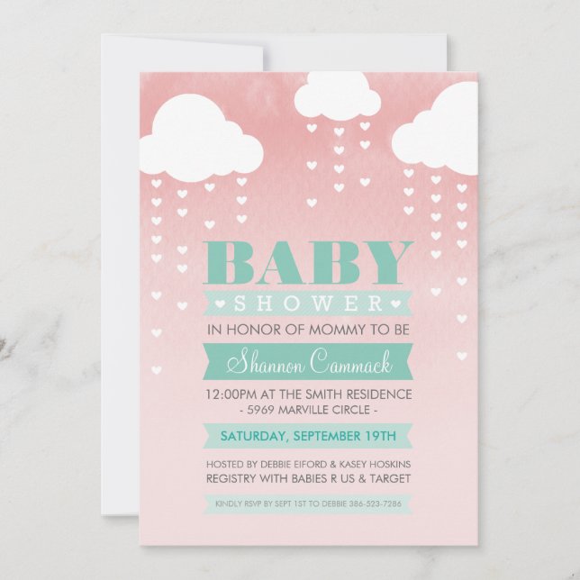 BABY SHOWER INVITE ombre wasserfarbe minze koralle Einladung (Vorderseite)