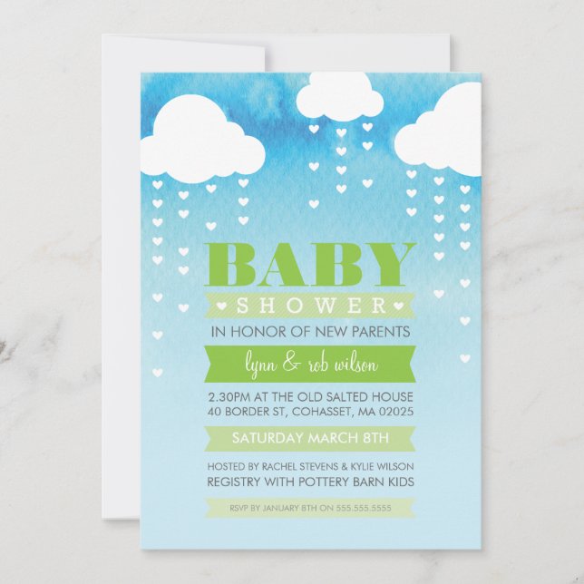 BABY SHOWER INVITE regnende Herzen Aquarell grün Einladung (Vorderseite)