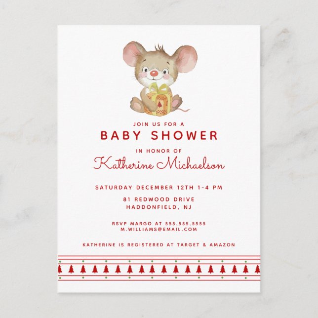 Baby shower | Joyeuse invitation de la souris de N (Devant)