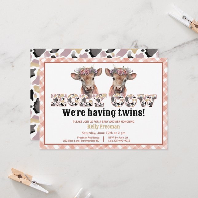 Baby shower jumeaux de la vache Saint Invitation (Devant/Arrière en situation)