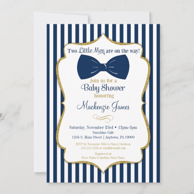 Baby shower jumeaux Invitation Blue Gold Bow Crava (Devant)