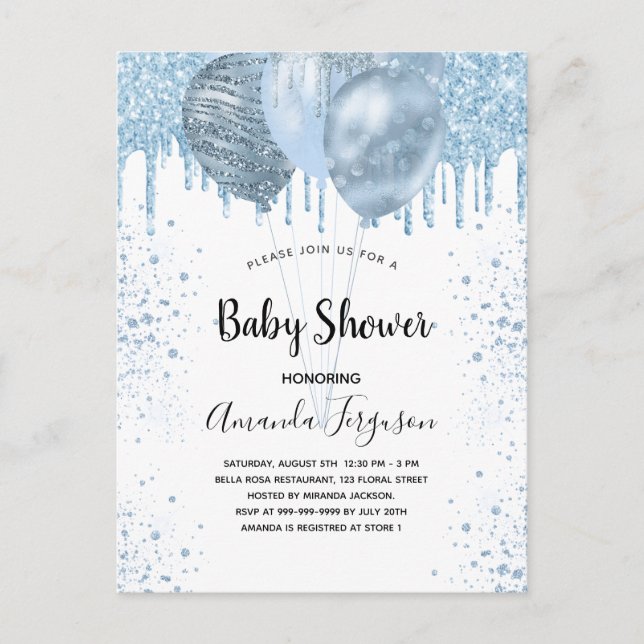 Baby Shower Junge blauer Glitzer Ballons Silber Einladungspostkarte (Vorderseite)