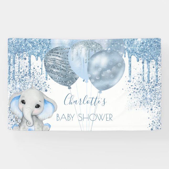 Baby Shower Junge blauer Glitzer Elefant Silber Banner (Horizontal)