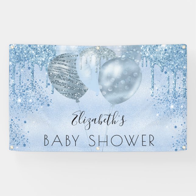 Baby Shower Junge Blue Silber Glitzer Ballons Banner (Horizontal)