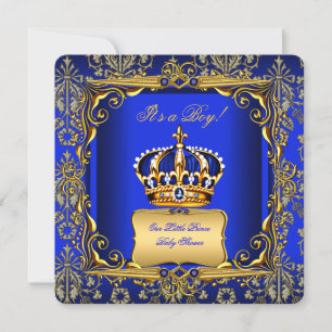 Baby Shower Junge Royal Blau Damast Goldene Krone Einladung
