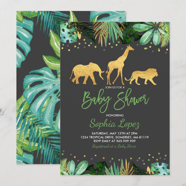 Baby shower Jungle Invitation Baby shower tropical (Devant / Derrière)