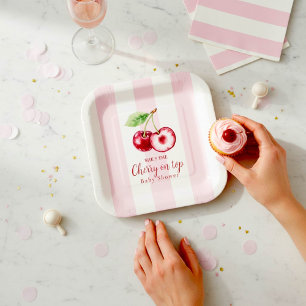 Baby Shower Kirschthema Rosa Aquarell Pappteller
