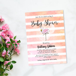 Baby-Shower-Koralle-Pfirsich-Gestreifte Flamingos Einladung