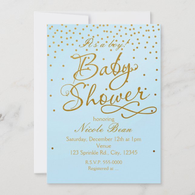 BABY SHOWER Light Blue & Gold Confetti Einladung (Vorderseite)