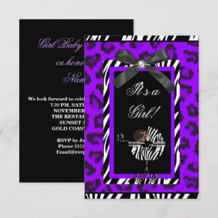 Baby Shower Mädchen Baby Lila Schwarz Zebra Einladung