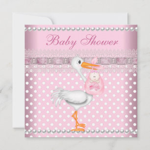 Baby Shower Mädchen Baby Rosa Punkt Perlen Storch Einladung