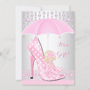 Baby Shower Mädchen Rosa Babyschuh Diamant A2 Einladung