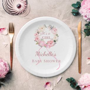 Baby Shower Mädchen rosa Blumenkranz  Pappteller