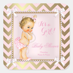 Baby Shower Mädchen Rosa Perle Gold Chevron Blond Quadratischer Aufkleber