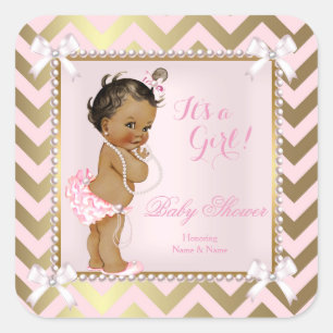 Baby Shower Mädchen Rosa Perle Gold Chevron Ethnis Quadratischer Aufkleber