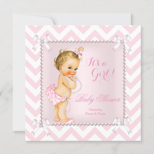 Baby Shower Mädchen Rosa Perle Weiß Chevron Blond Einladung