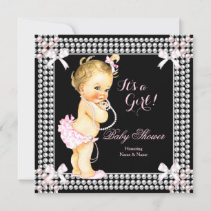 Baby Shower Mädchen Rosa Perlen Schwarz Blond Einladung