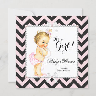 Baby Shower Mädchen Rosa Schwarz Streifen Weiß Blo Einladung