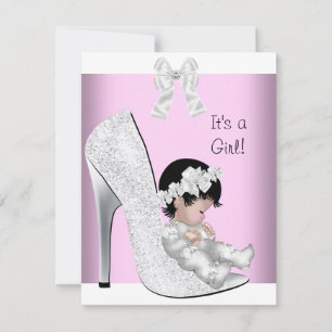 Baby Shower Mädchen Rosa Silber Weiß Glitter Schuh Einladung