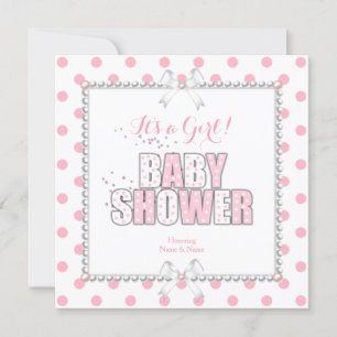 Baby Shower Mädchen Rosa Weiße Punkte Perlen Einladung