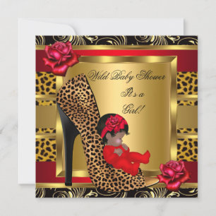 Baby Shower Mädchen rote Rosen Gold Wild Leopard 3 Einladung