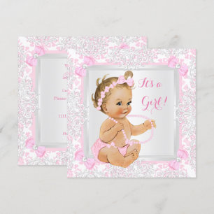 Baby Shower Mädchen Spitze Damast Rosa Blond Einladung