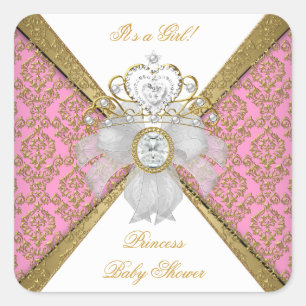 Baby Shower Mädchen Weiß Rosa Prinzessin Damast Quadratischer Aufkleber