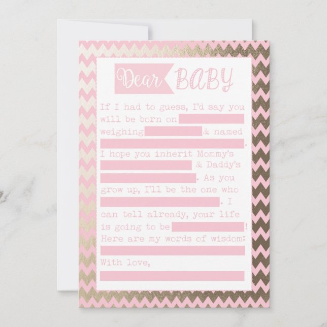 Baby Shower MadLibs Spiel, Rosa und Gold Foil Look Einladung (Vorderseite)